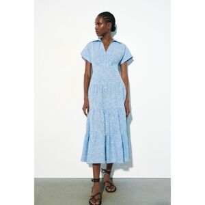 ZARA Embroidered Eyelet Lace Dress Light Blue White Tiered Midi Summer X-Small